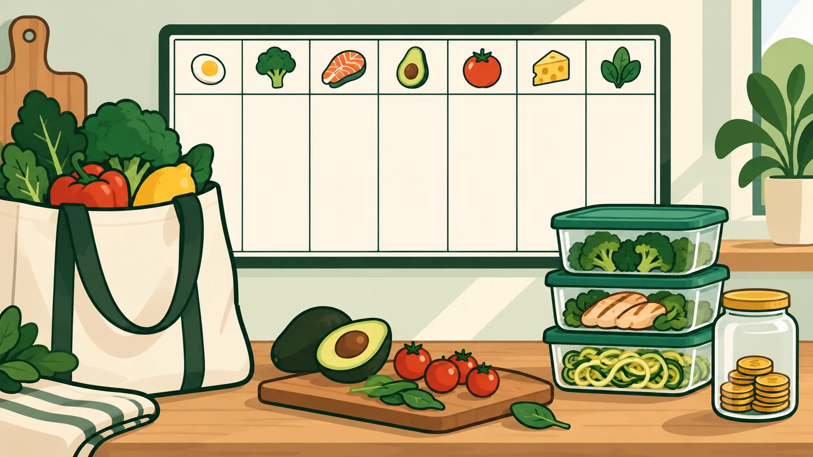 A reusable weekly board connects meal ideas with shopping, storage, and budget review