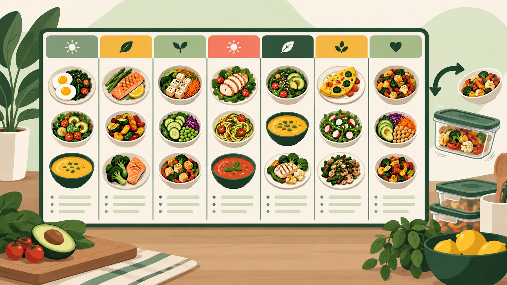 A flexible seven-column menu board with varied meals, a substitution cue, and food-storage container
