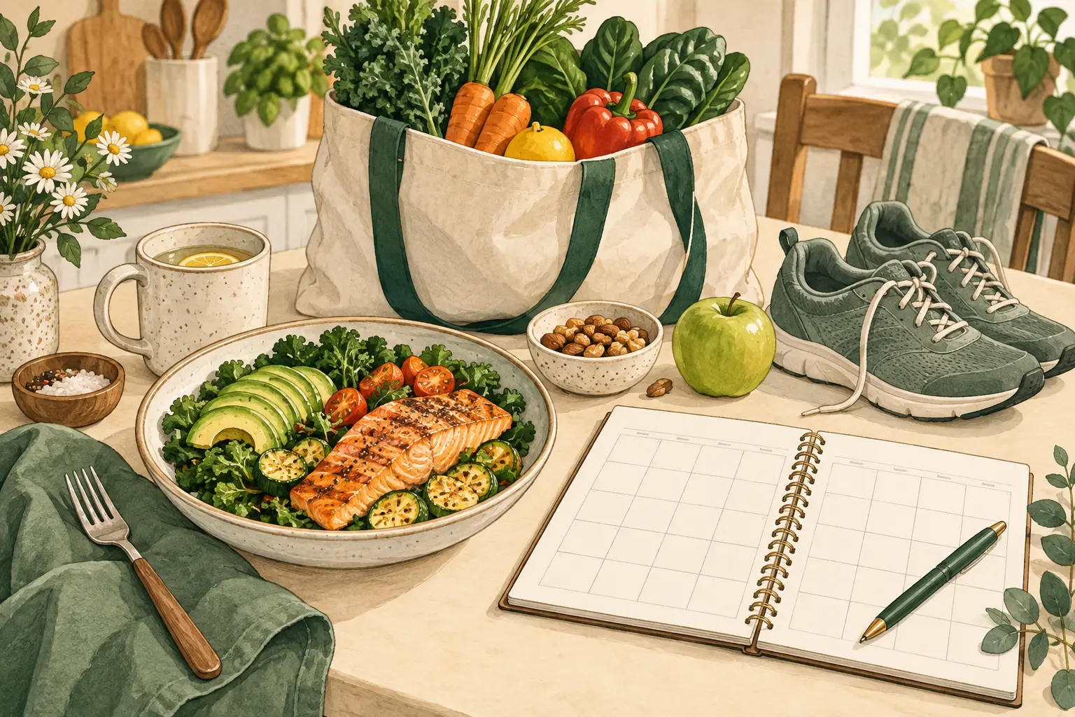 Illustrated meal, walking shoes, grocery bag, and weekly calendar on warm paper