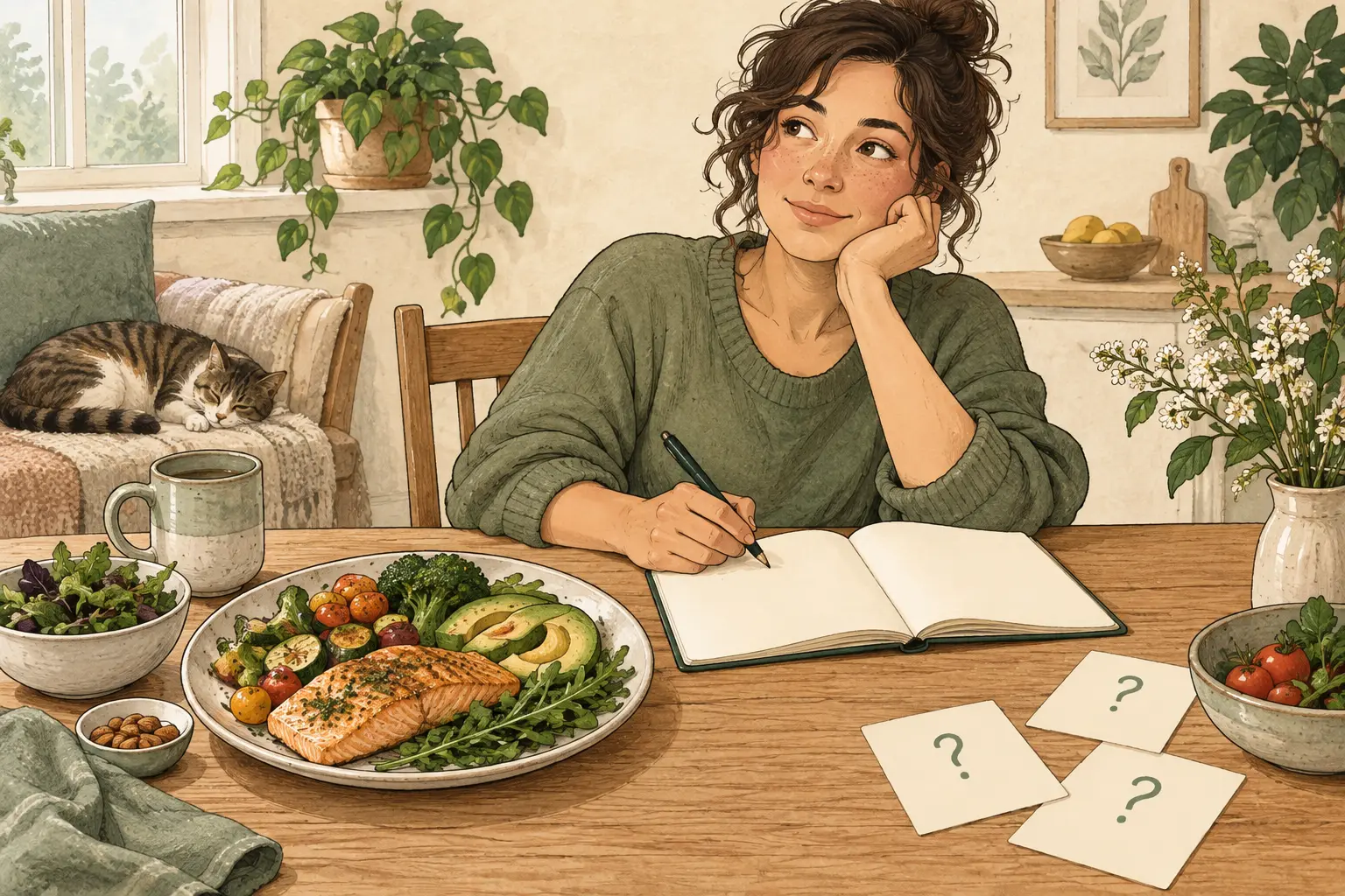 Illustrated meal with varied vegetables and protein beside an open notebook and question cards