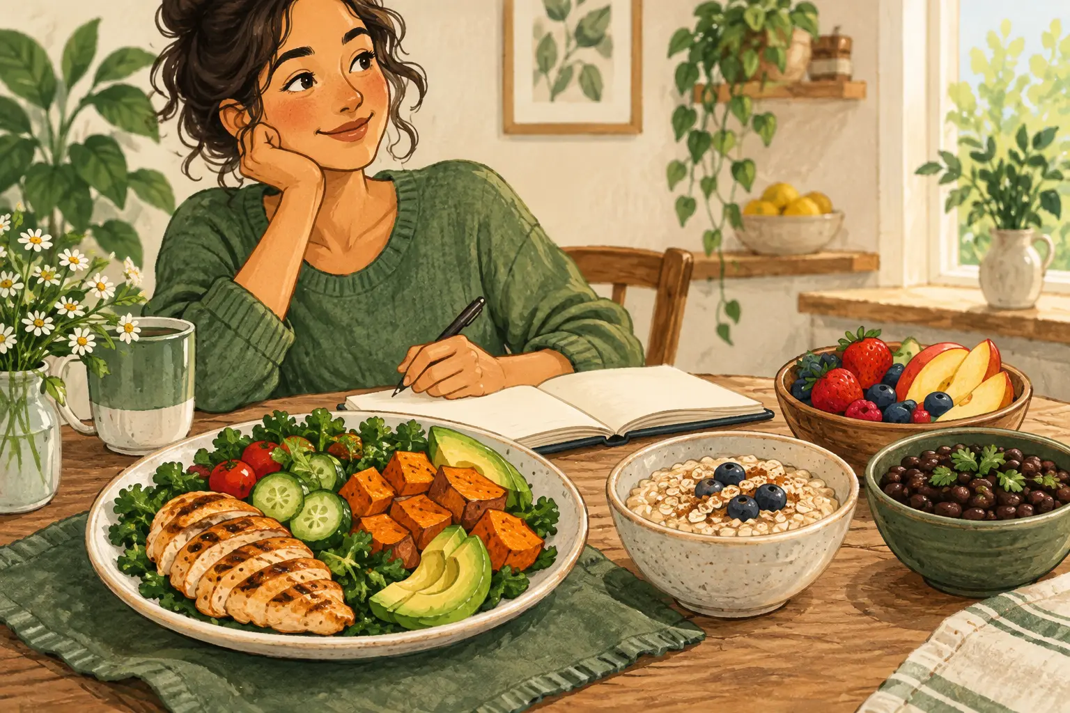 Illustrated balanced meal with fruit, oats, and beans near a planning notebook
