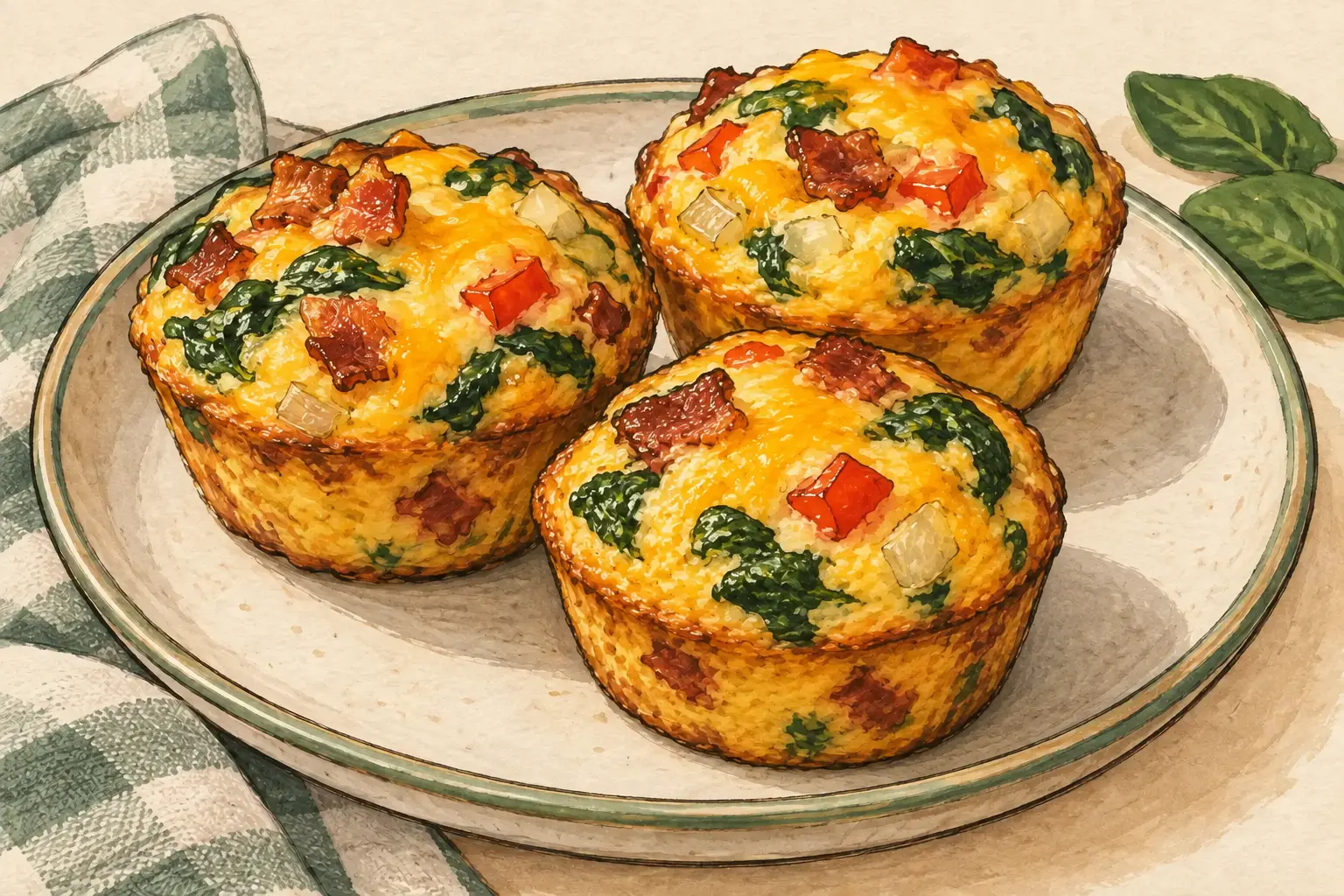 Illustrated concept of baked egg muffins with spinach, bacon, and red pepper