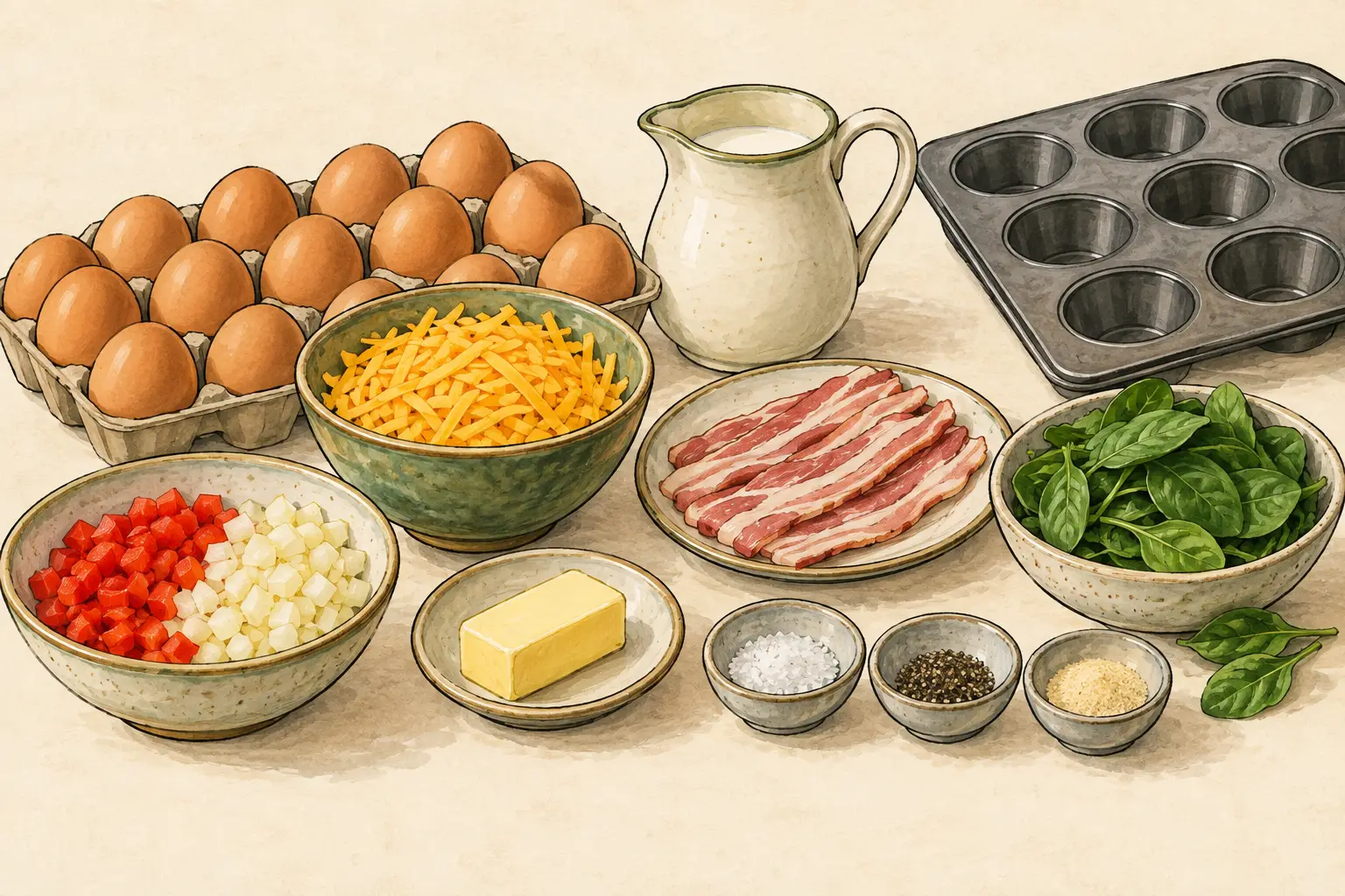 Illustration of eggs, cream, cheddar, bacon, peppers, onion, spinach and seasonings for proposed egg muffins