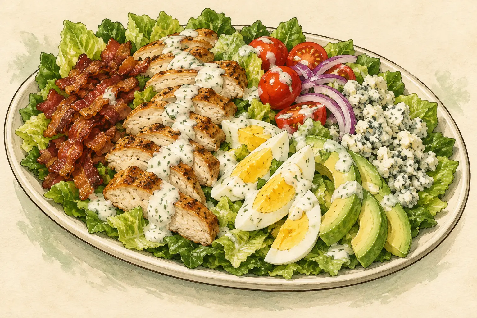 Illustrated Cobb salad concept with chicken, eggs, avocado, bacon, and vegetables