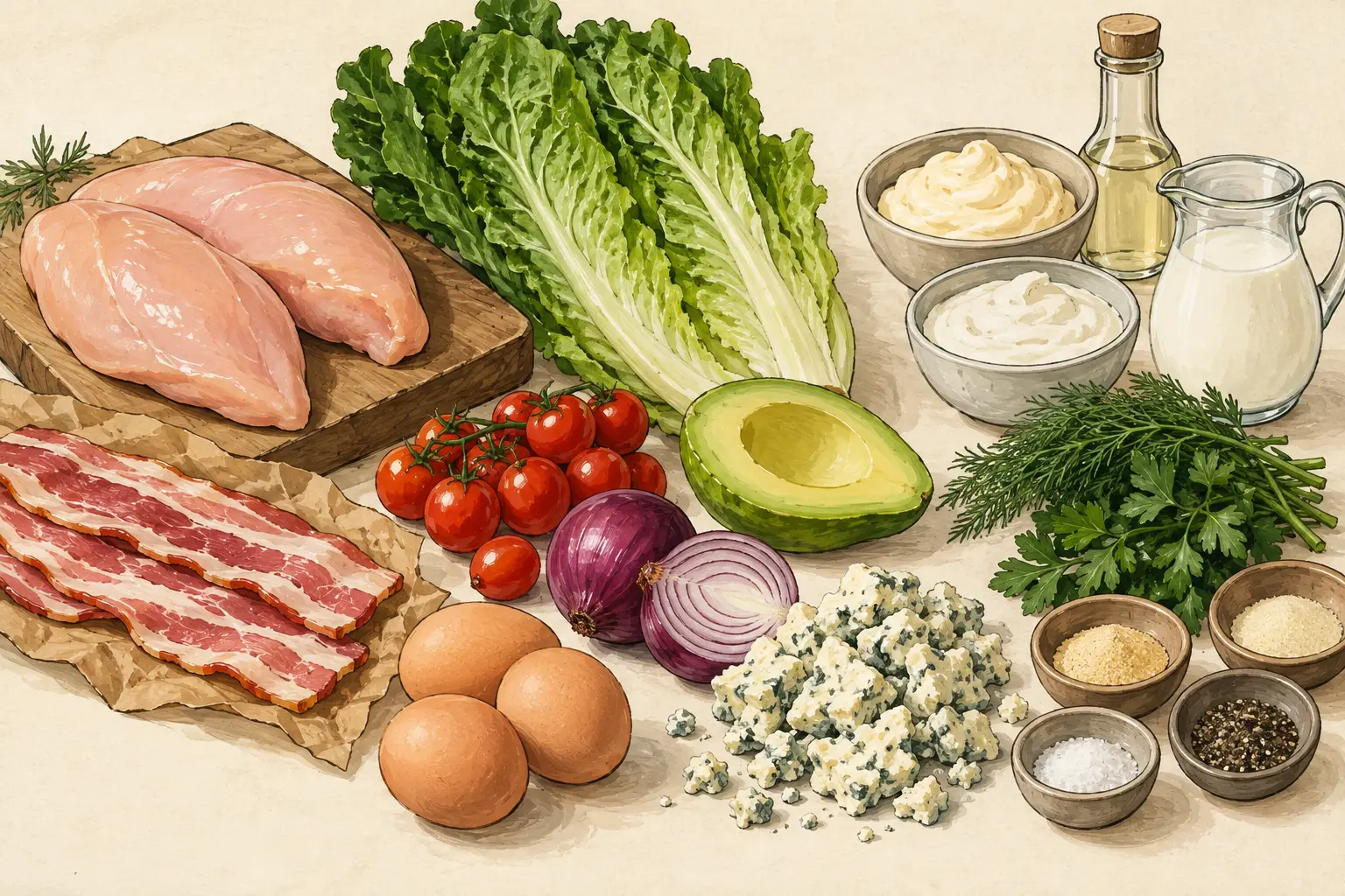Illustration of Cobb salad ingredients including raw chicken, romaine, bacon, eggs, avocado, blue cheese, vegetables and dressing components