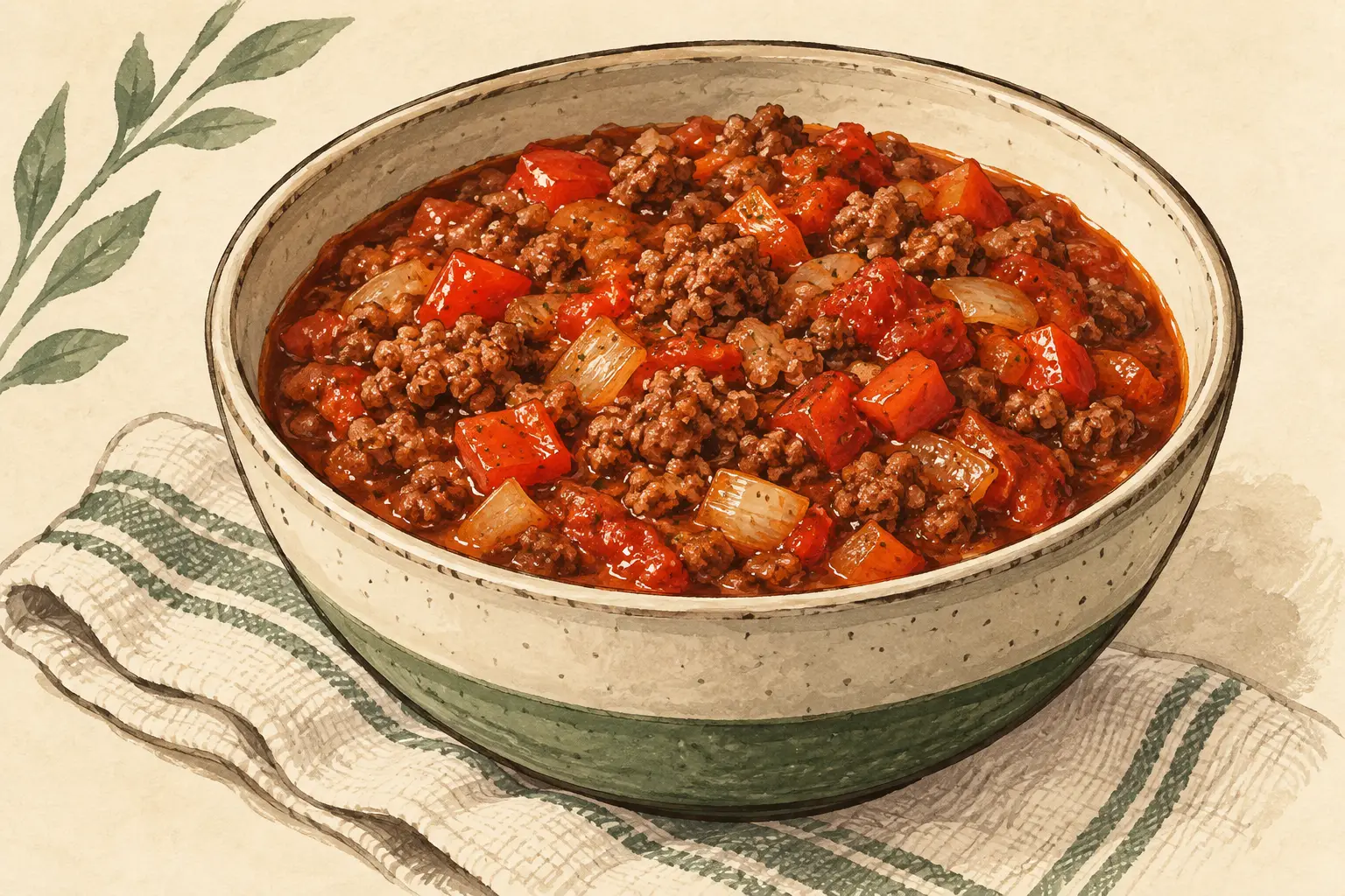 Illustrated concept of beanless beef chili with tomato and red pepper