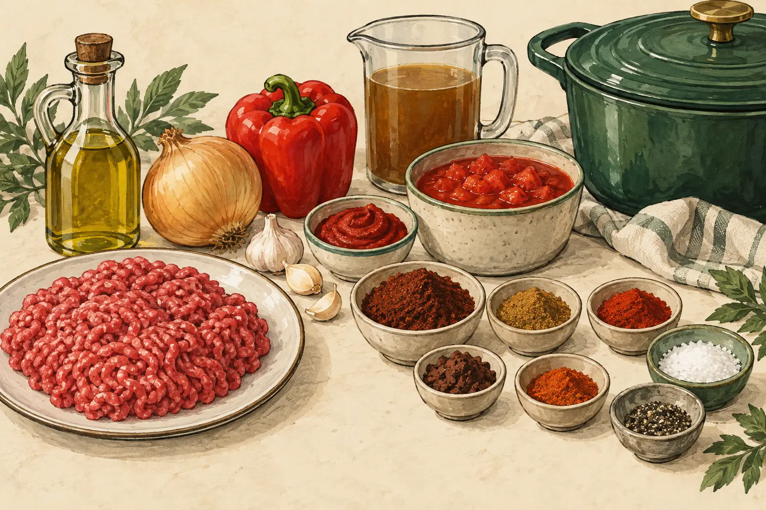 Illustration of 80/20 ground beef, tomato products, pepper, onion, garlic, broth, oil and spices for a proposed chili