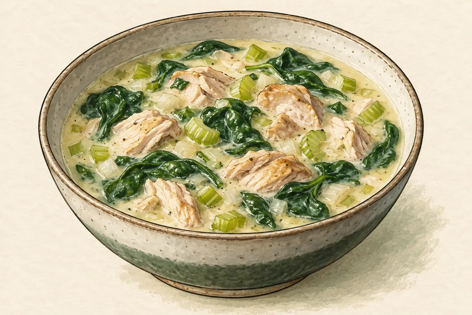 Illustrated concept of chicken and spinach soup in a cream broth