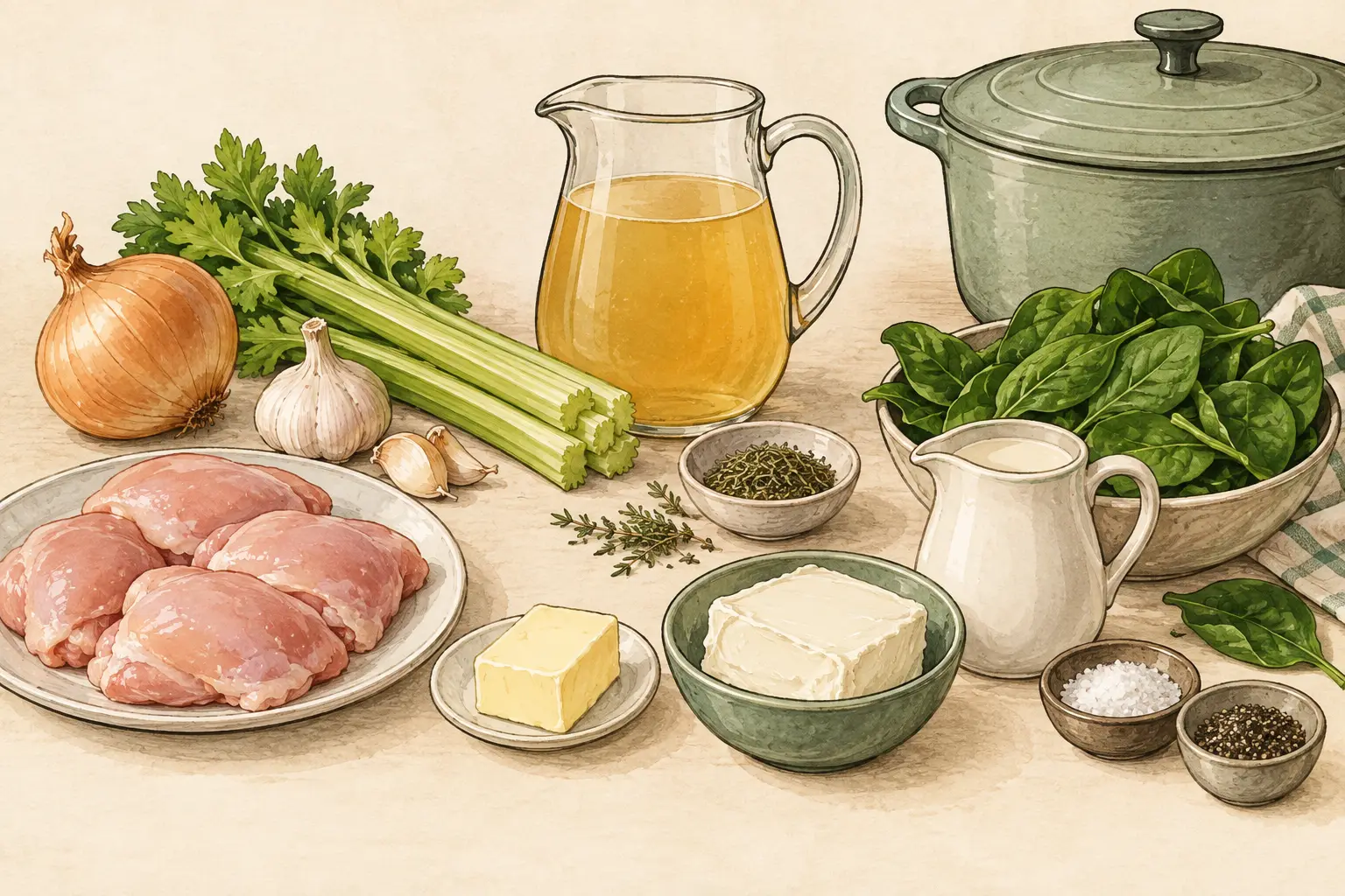 Illustration of chicken thighs, butter, broth, onion, celery, garlic, thyme, cream cheese, cream and spinach for proposed soup