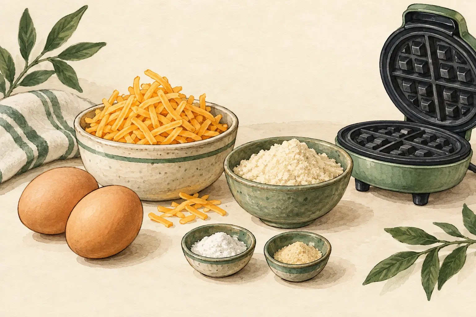 Illustrated ingredient arrangement for savory egg-and-cheese chaffles