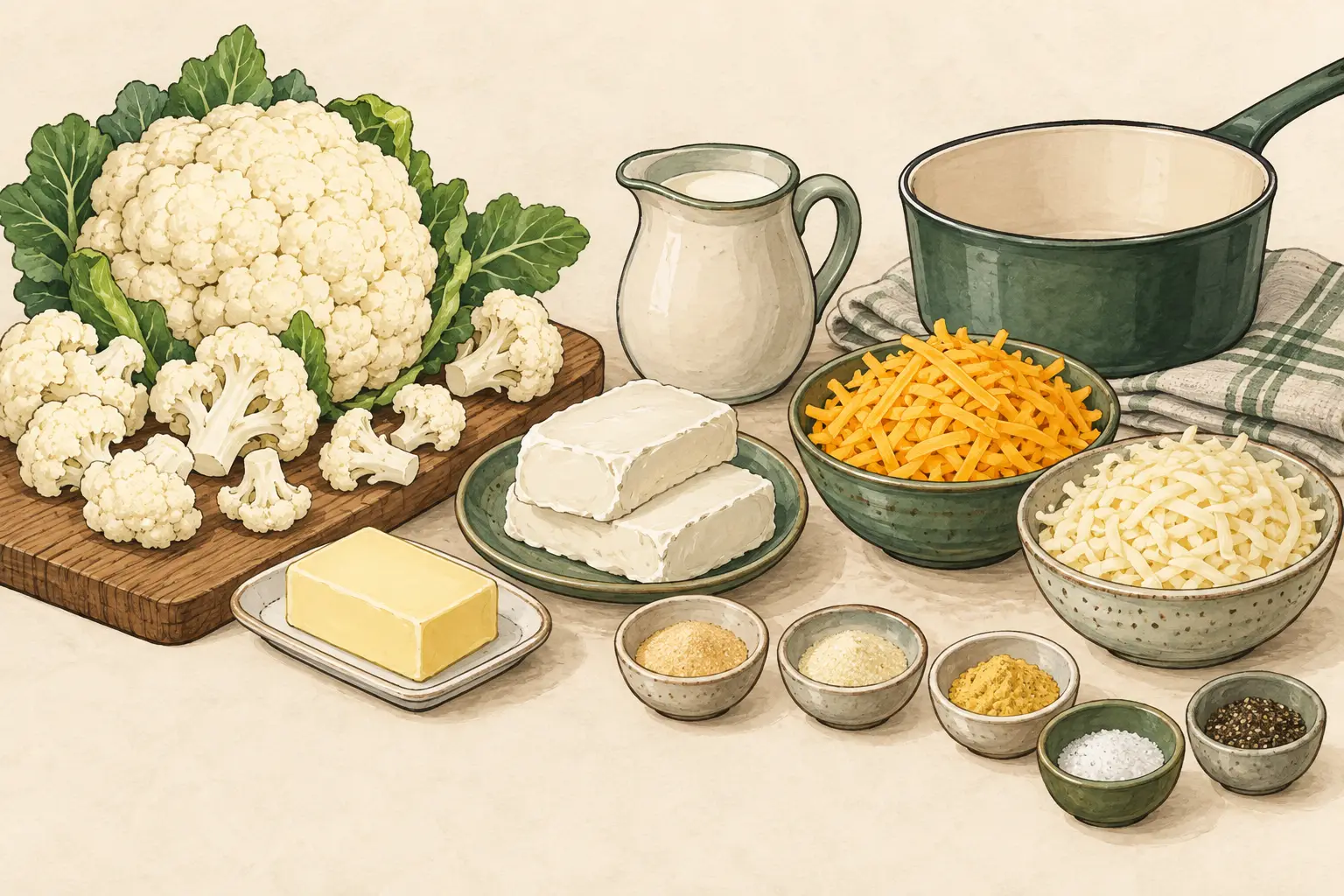 Illustrated ingredient arrangement for cauliflower with stovetop cheese sauce