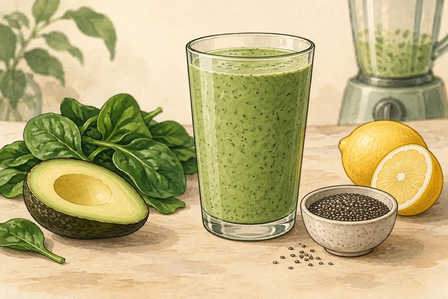 Illustrated concept of a green avocado, spinach, and chia smoothie