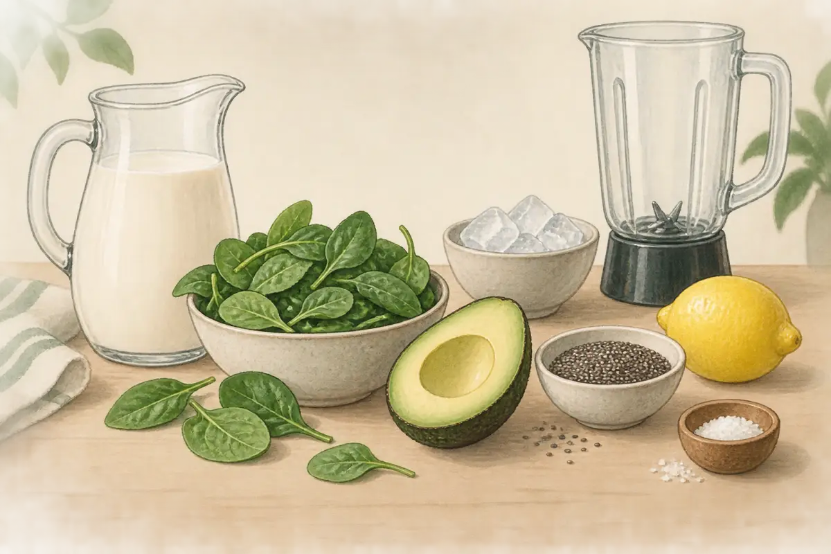 Illustrated ingredient arrangement for avocado, spinach, and chia smoothie