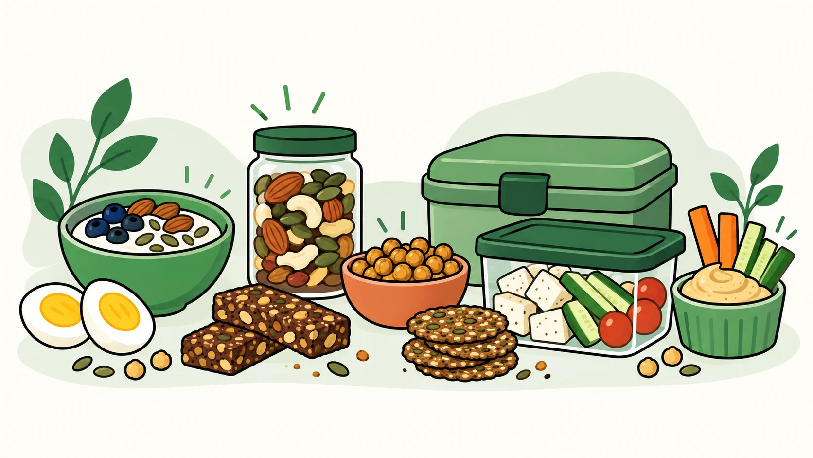 Illustrated snack choices including yogurt, eggs, nuts, and packed containers on a counter.