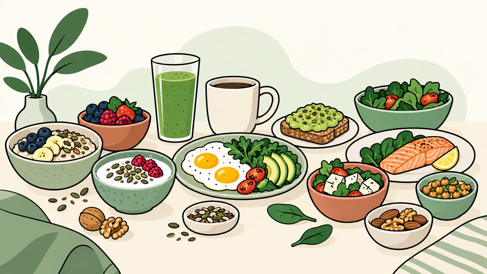 Illustrated breakfast choices including eggs, yogurt with berries, fish, and vegetables.