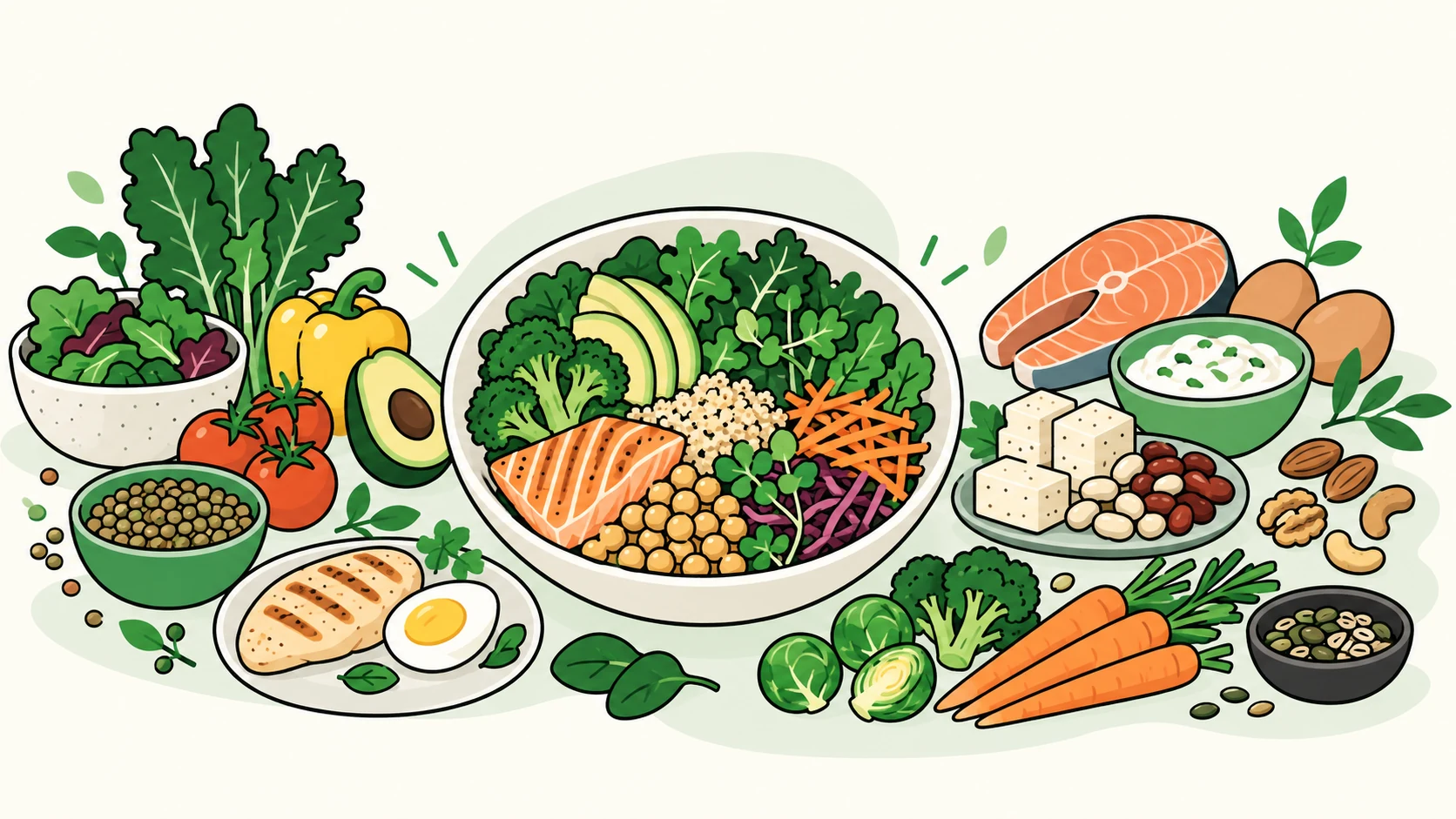 Illustrated protein-and-vegetable meal choices around a central salmon bowl.