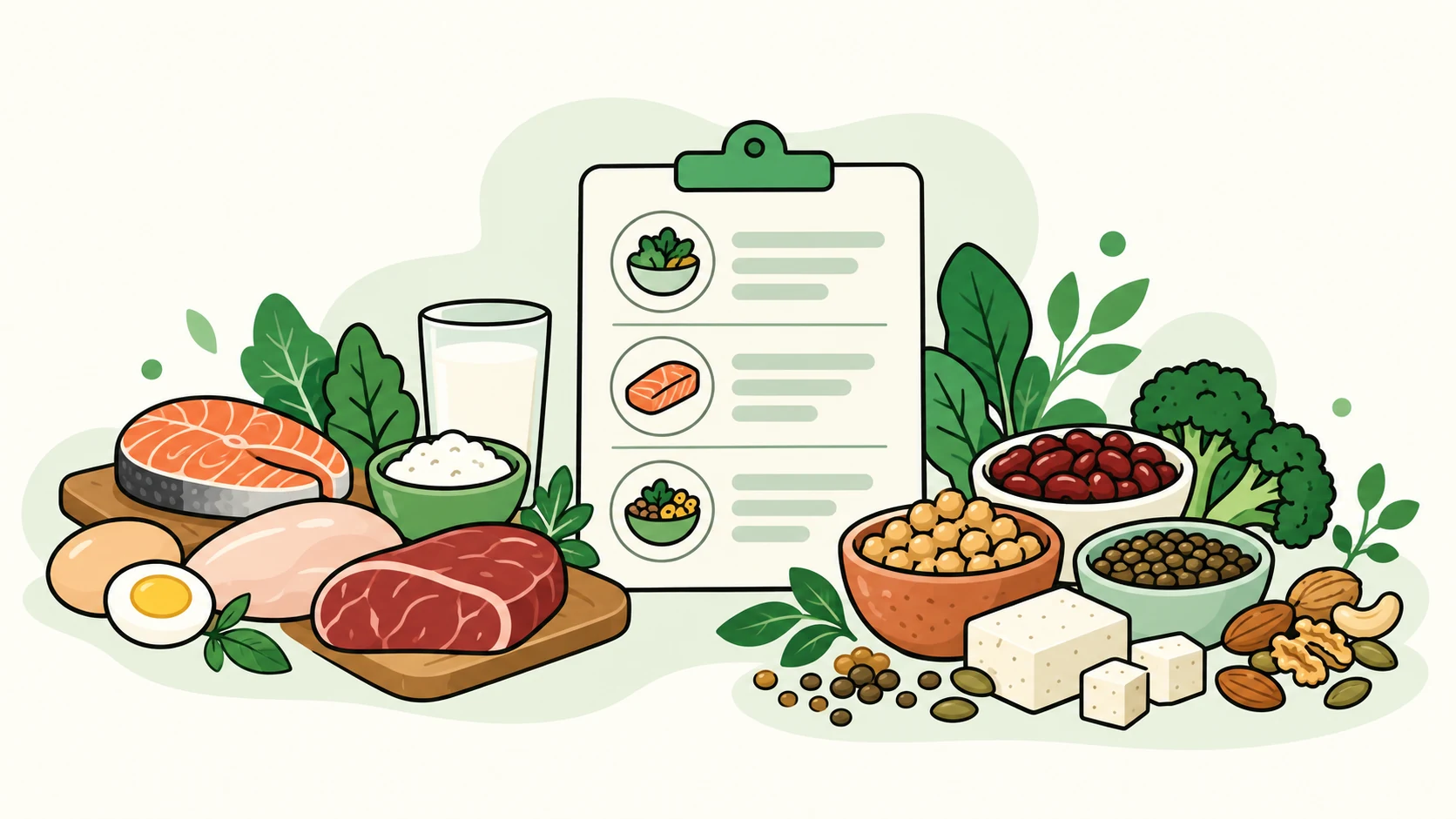 Illustrated selection of eggs, fish, poultry, tofu, nuts, and vegetables around a meal-choice clipboard.