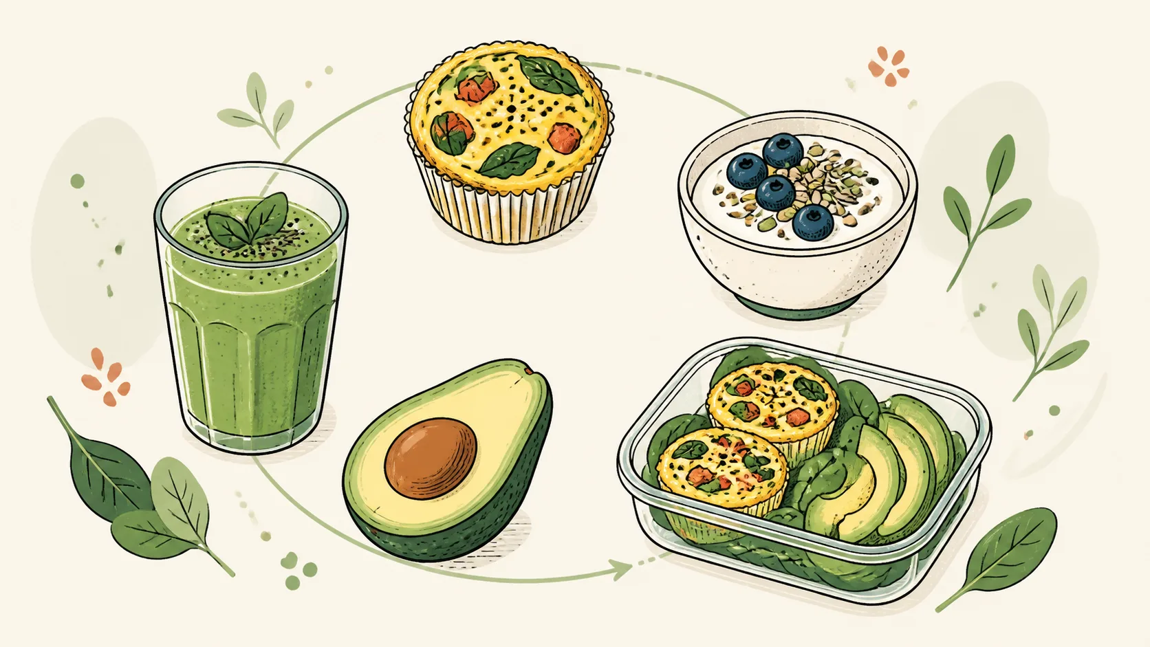 Editorial drawing of egg muffins, a yogurt-and-seeds bowl, a green smoothie, avocado, and a make-ahead breakfast container