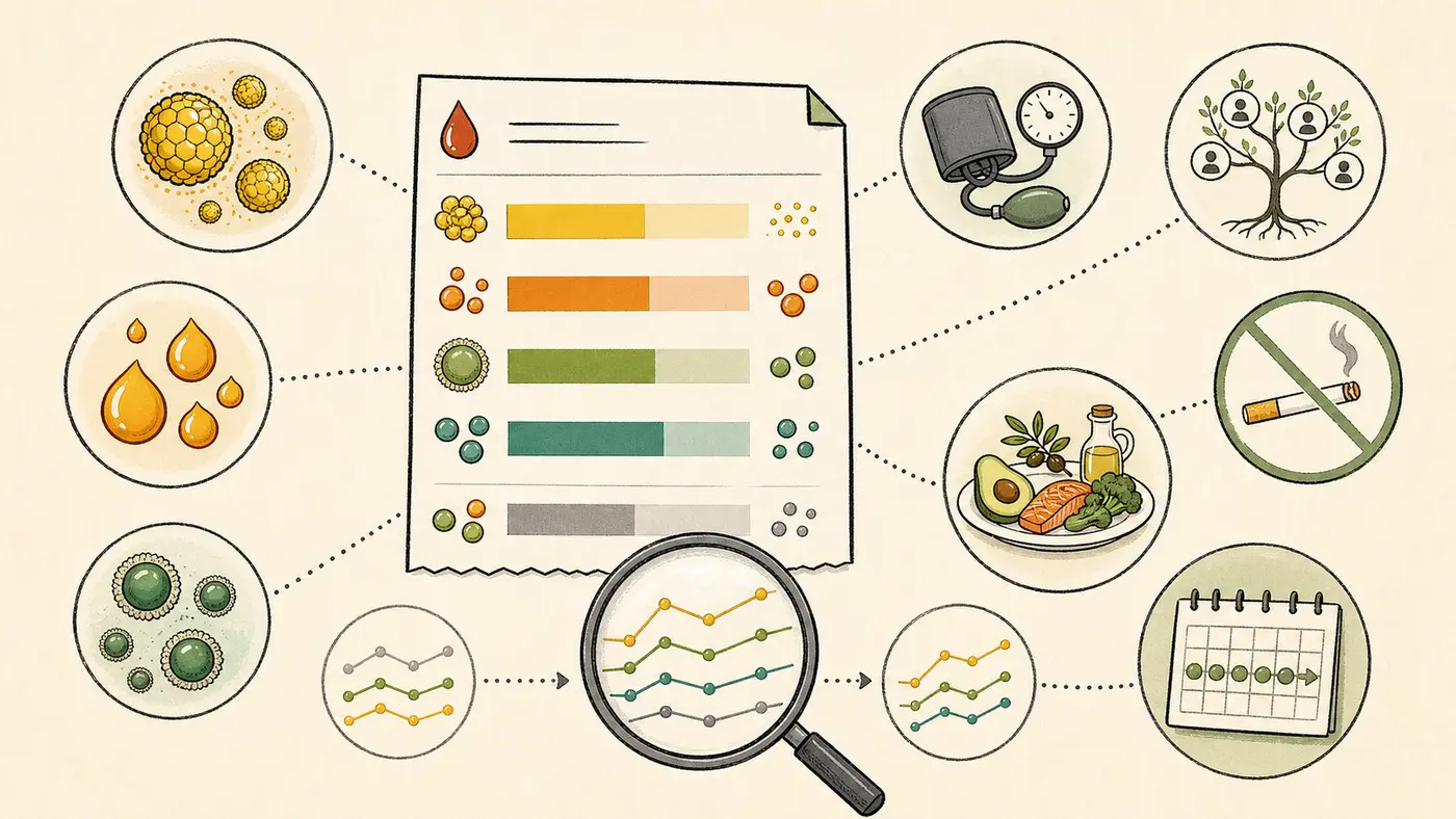 Hand-drawn lipid report with abstract particle symbols, trend charts, a blood-pressure cuff, family-history tree, food plate, no-smoking sign, and calendar