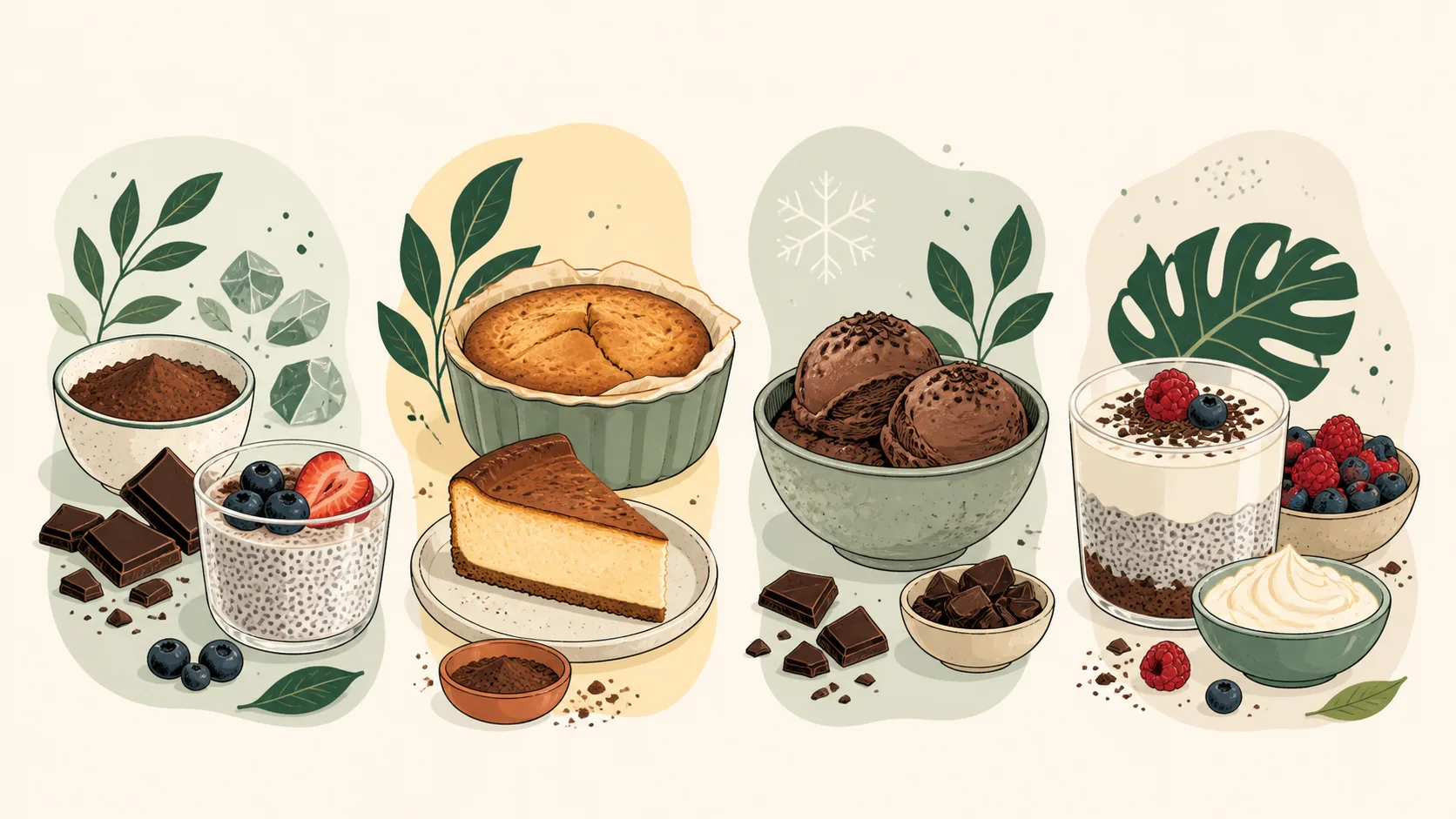 Editorial drawing of cocoa, dark chocolate, chia pudding, berries, cheesecake, and ice cream arranged as dessert formats