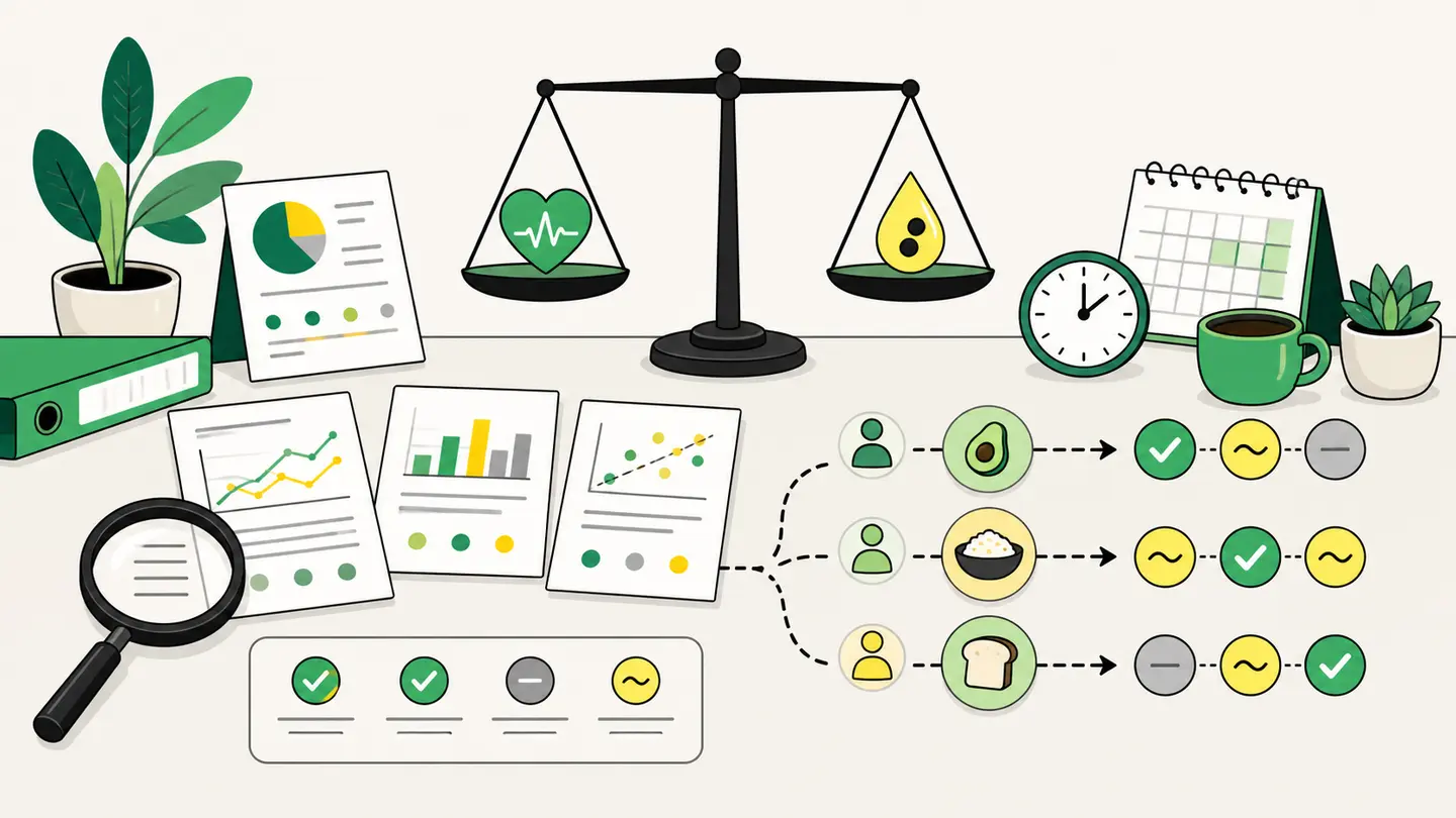 Illustrated evidence review showing heart and metabolic considerations, study duration, and different outcomes for different people