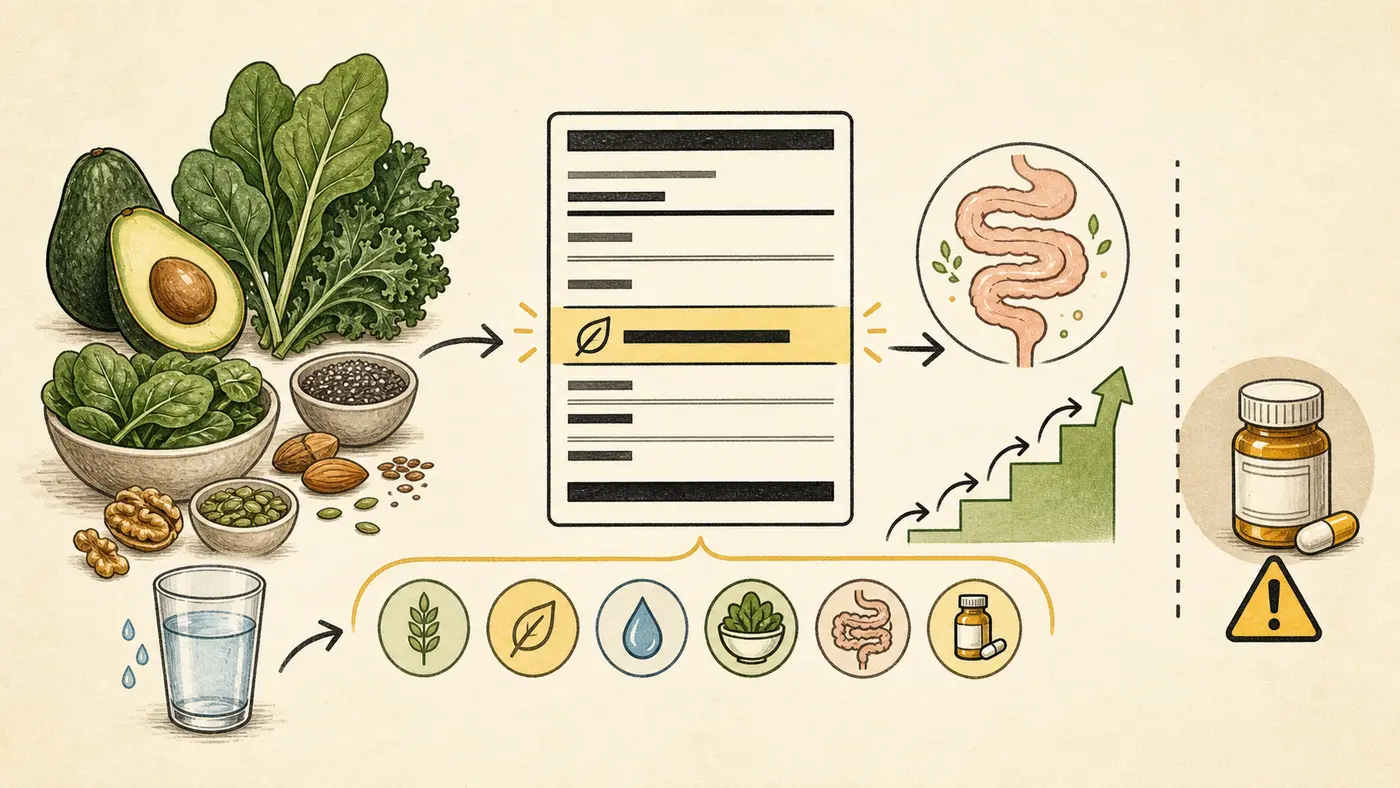 Hand-drawn fiber planning diagram with leafy vegetables, avocado, nuts and seeds, water, a food label, intestine, gradual steps, and a supplement warning