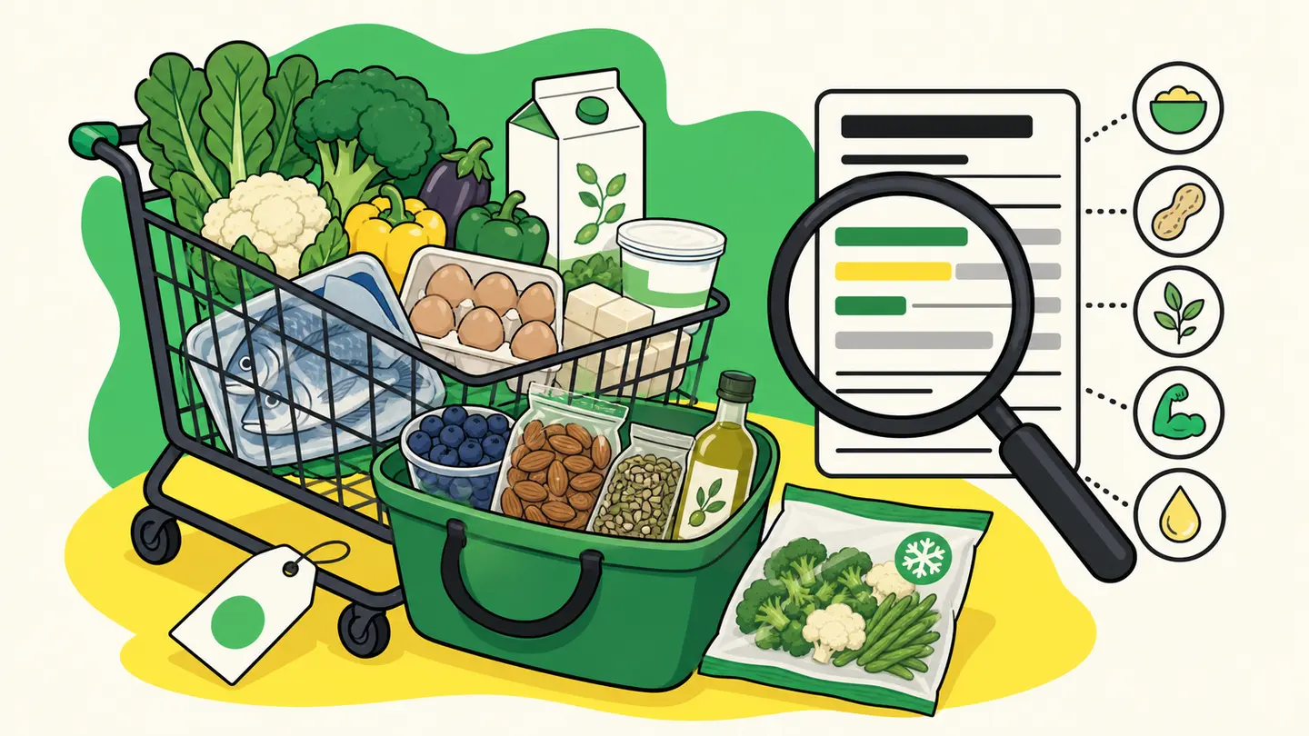 Illustrated cart of vegetables, varied protein foods, berries, nuts, seeds, and unsaturated oil beside a magnified nutrition label