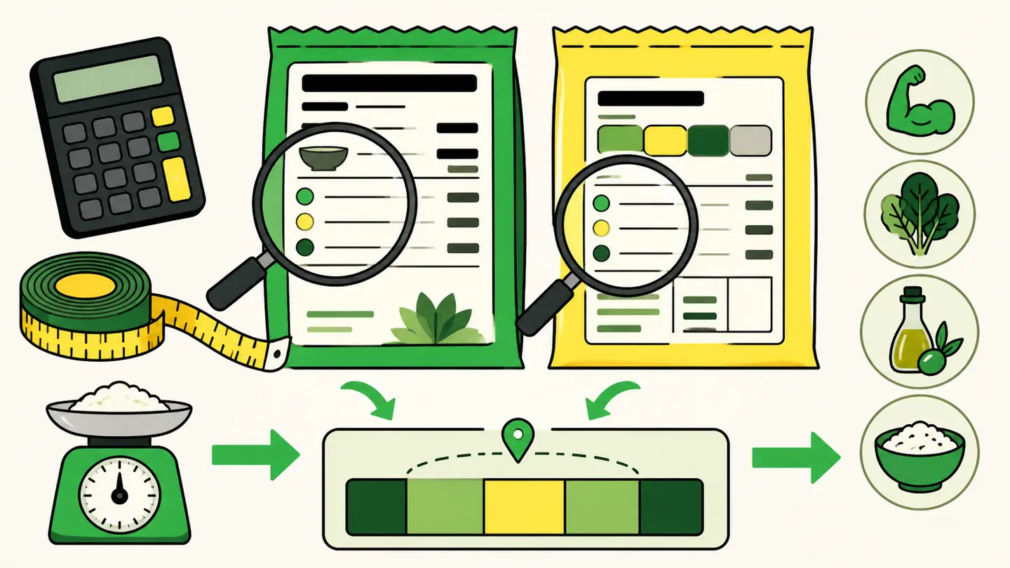 Illustrated calculator, body measurements, food scale, and two different nutrition-label formats feeding into an estimate range
