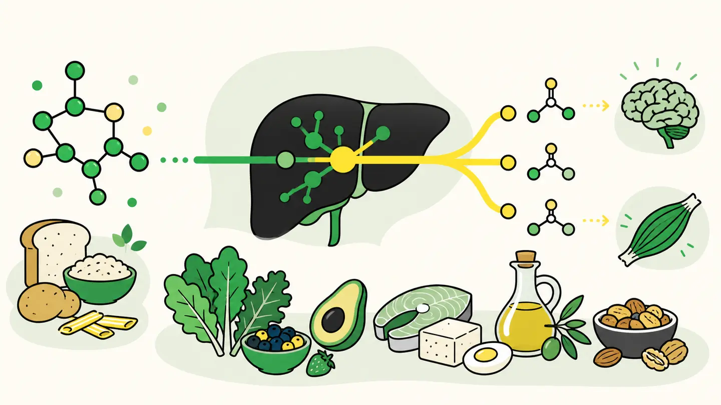 Illustrated glucose inputs passing through a simplified liver pathway to ketone bodies used by the brain and muscle