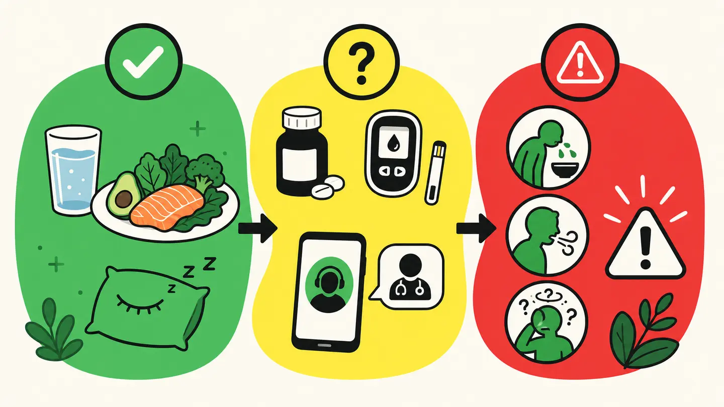 Illustrated green, yellow, and red symptom-review zones for self-care, clinician contact, and urgent warning signs