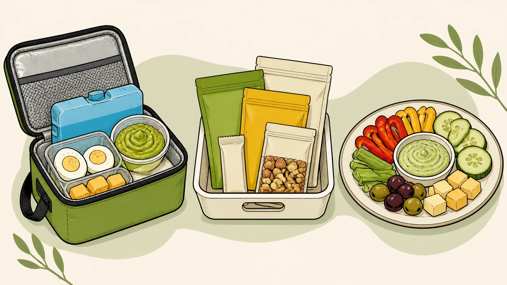 Illustrated snack-planning scene with a chilled cooler holding eggs, cheese, and guacamole, sealed pantry packs, and a fresh snack plate