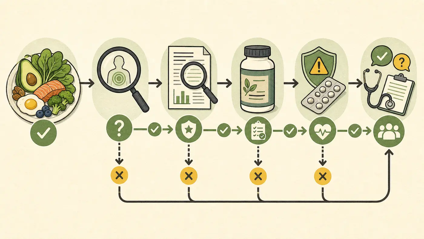 Hand-drawn supplement screening path from food and a defined personal question through evidence, product label, safety review, and clinician discussion