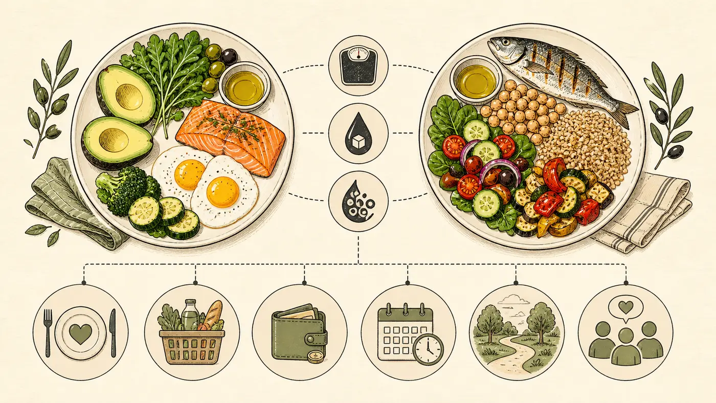 Hand-drawn side-by-side ketogenic and Mediterranean-style plates with shared marker icons and symbols for meals, shopping, cost, time, activity, and social support