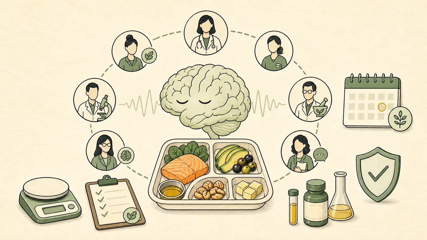 Hand-drawn epilepsy care pathway with a brain and monitoring waveform, prescribed meal tray, clinical team, laboratory samples, calendar, scale, checklist, and safety shield