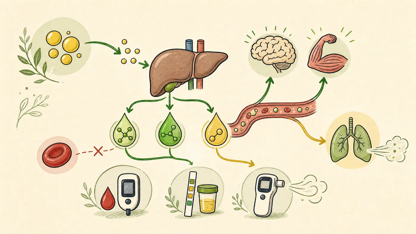 Hand-drawn ketone physiology diagram with a liver, three ketone-body symbols, blood flow to brain and muscle, exhaled acetone, a red blood cell, and blood, urine, and breath test icons