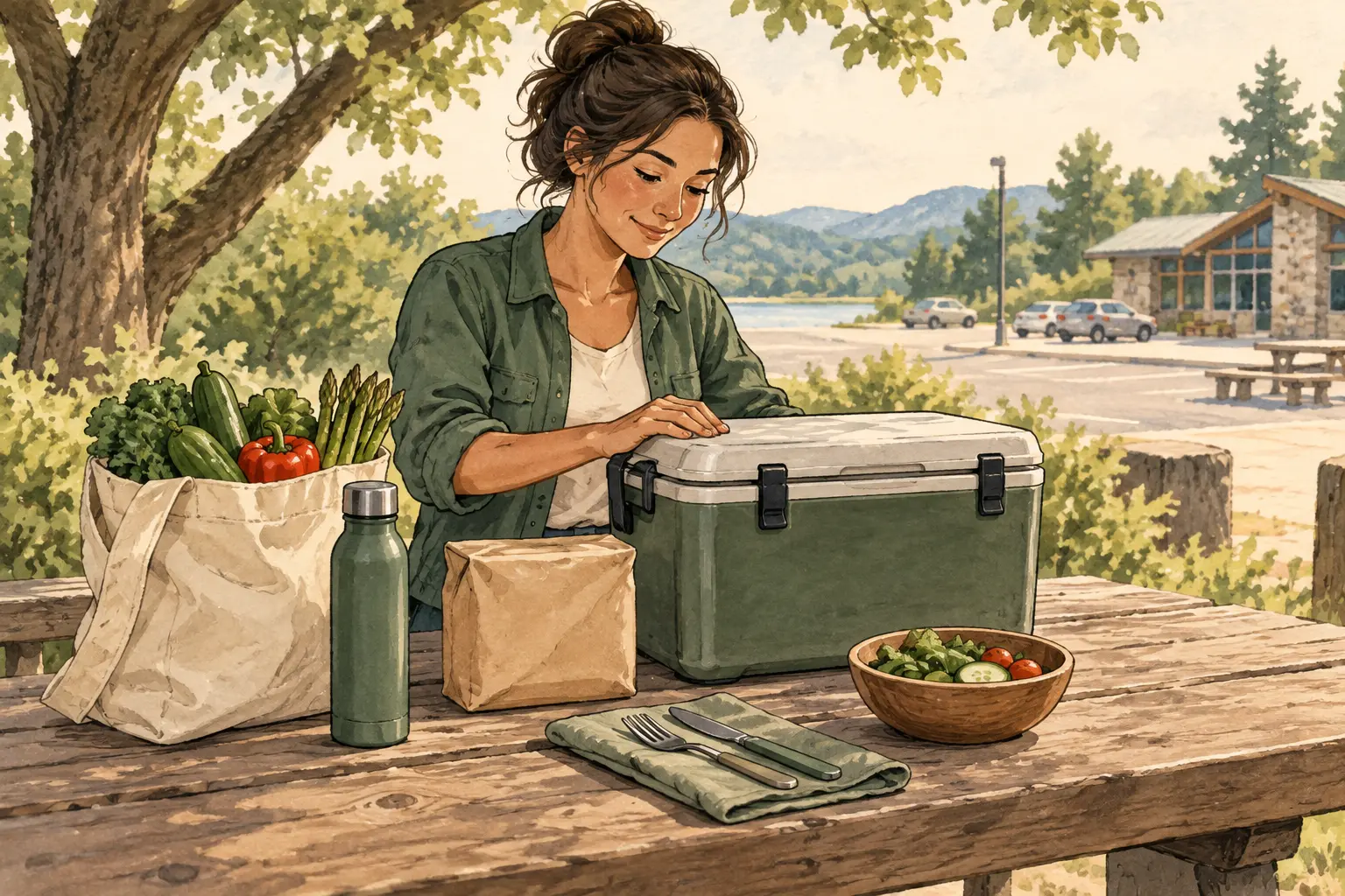 A traveler beside a closed cooler at a shaded roadside picnic table, with a grocery bag, sealed paper bag, salad bowl, and water bottle nearby.