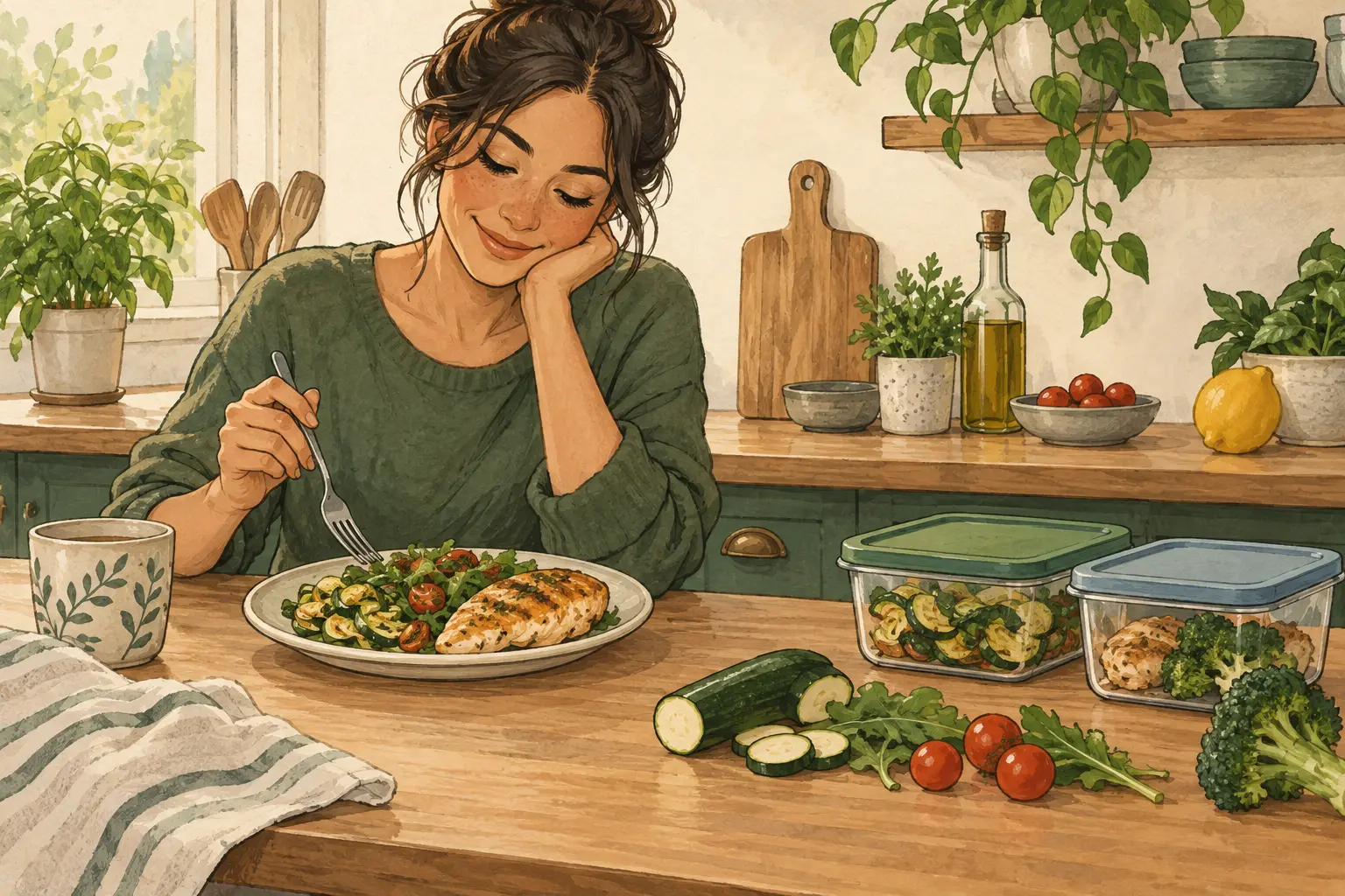 One person dining on chicken and vegetables while two closed containers hold separate cooked components on the kitchen counter.