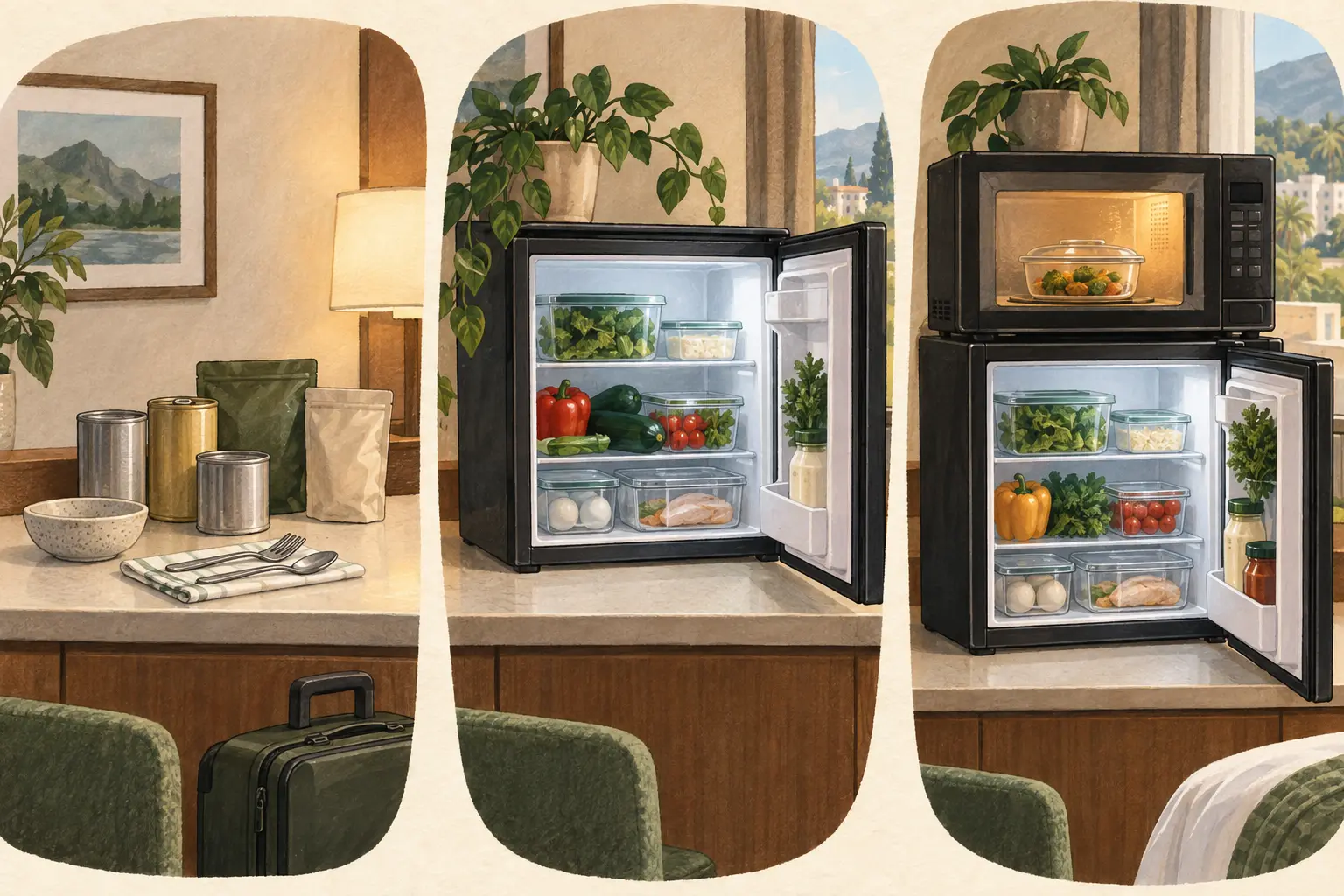 Three illustrated hotel room arrangements: a counter with shelf-stable food, a compact refrigerator with food, and a compact refrigerator beneath a microwave.