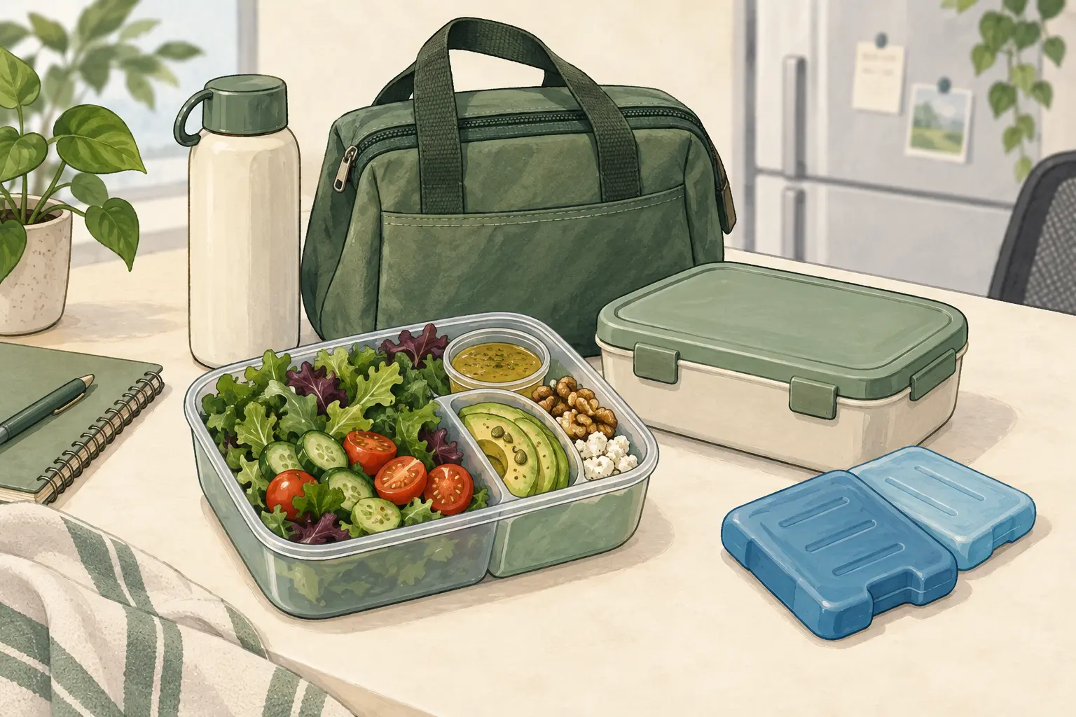 Illustrated office lunch with separated salad components, an insulated bag, two cold packs, a sealed container, and a refrigerator in the background.