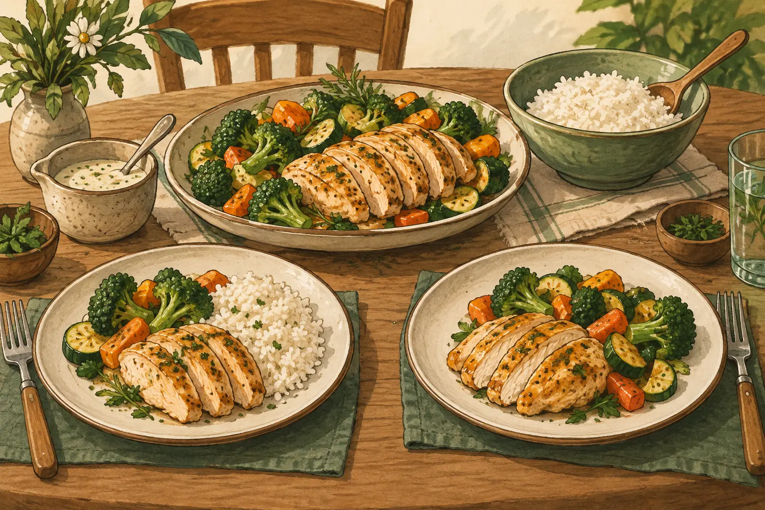 A shared platter of cooked chicken and vegetables beside bowls of sauce and rice, with two individual plates, one with rice and one without.