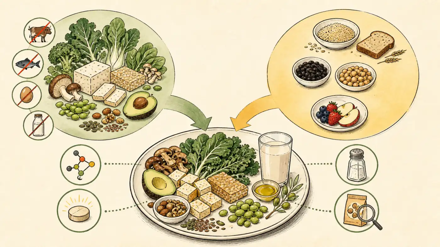 Hand-drawn diagram showing animal foods excluded, carbohydrate foods measured, and a vegan plate checked for protein, vitamin support, iodine, and allergens