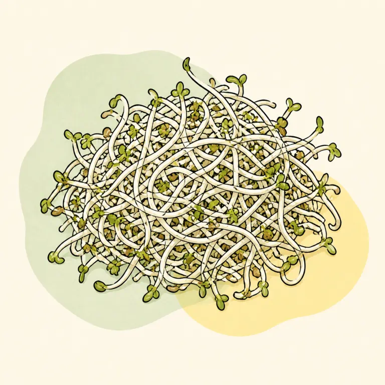 Hand-drawn editorial illustration of Alfalfa sprouts, raw.