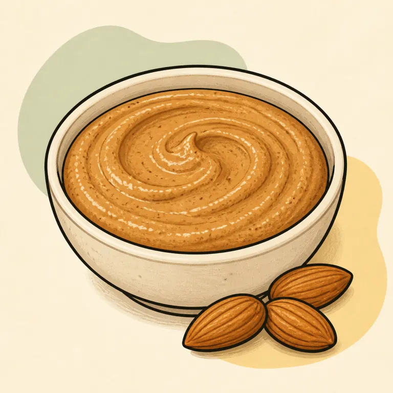 Hand-drawn editorial illustration of Almond butter, lower sodium.