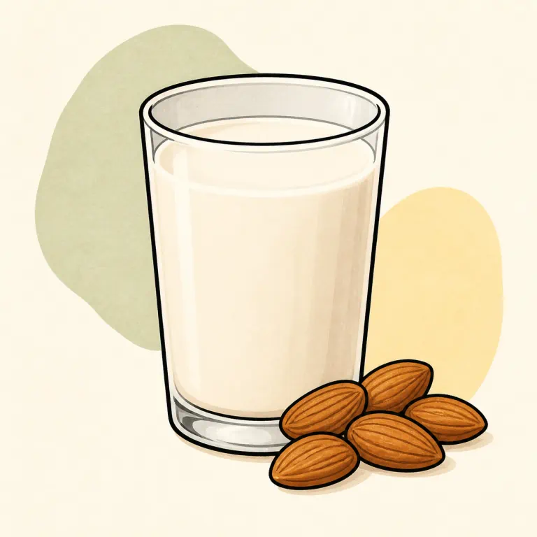 Hand-drawn editorial illustration of Almond milk, unsweetened.