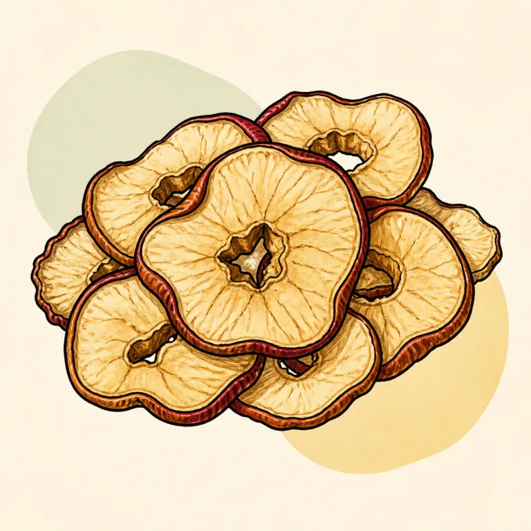 Hand-drawn editorial illustration of Apple, dried.