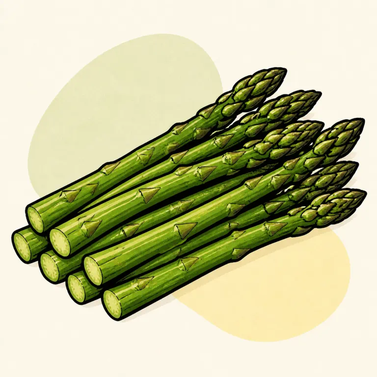 Hand-drawn editorial illustration of Asparagus, fresh, cooked, no added fat.