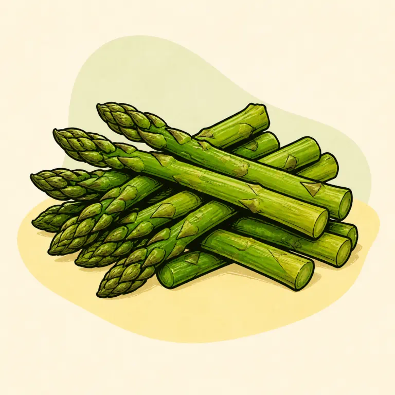Hand-drawn editorial illustration of Asparagus, frozen, cooked, no added fat.