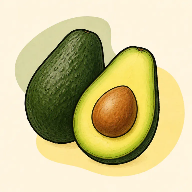 Hand-drawn editorial illustration of Avocado, raw.
