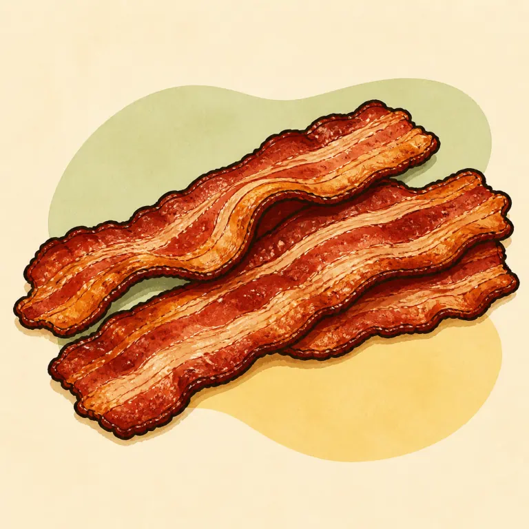 Hand-drawn editorial illustration of Bacon or side pork, fresh, cooked.