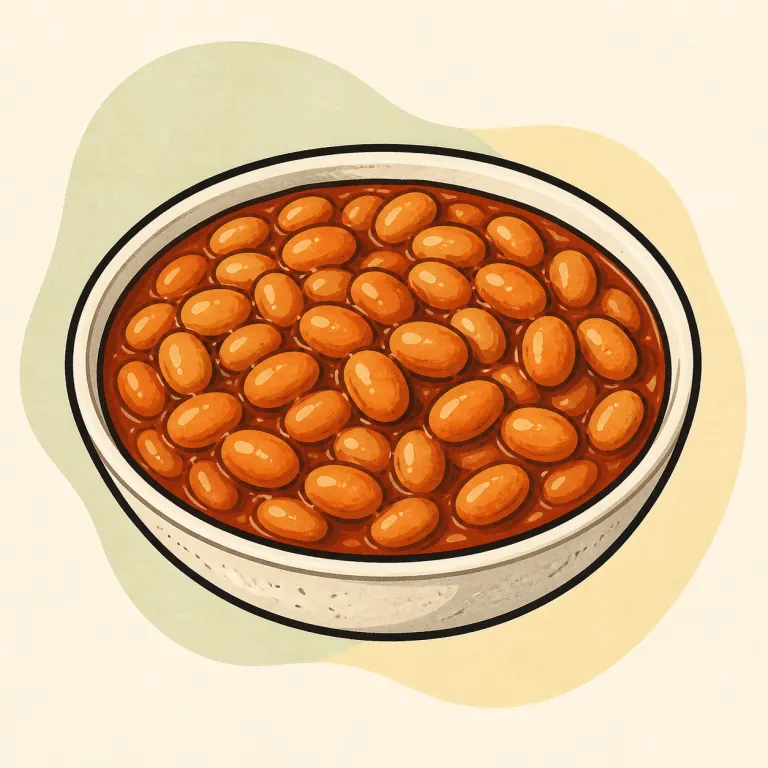 Hand-drawn editorial illustration of Baked beans, vegetarian.